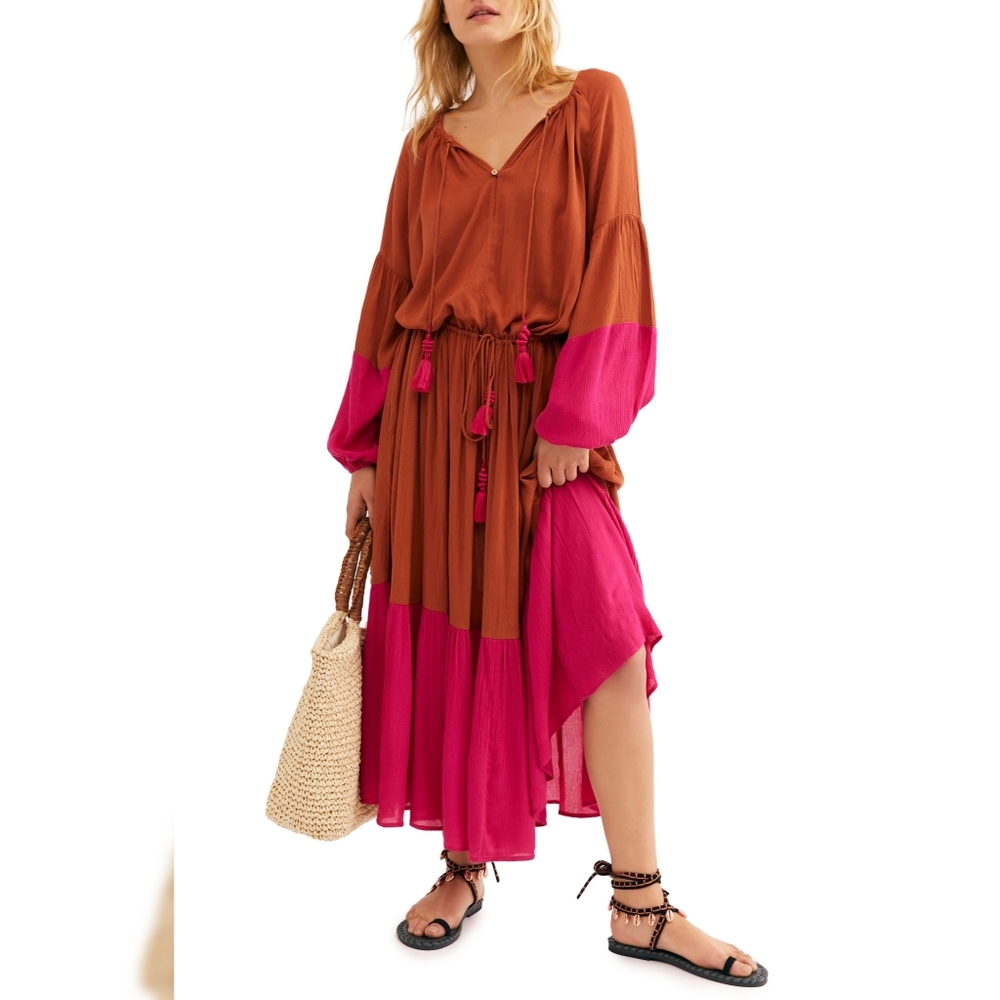 Free People Brown and Pink Midi Dress